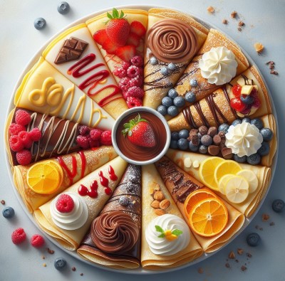 Distintas variedades de Crepes dulces con chocolate y fresa en el centro.